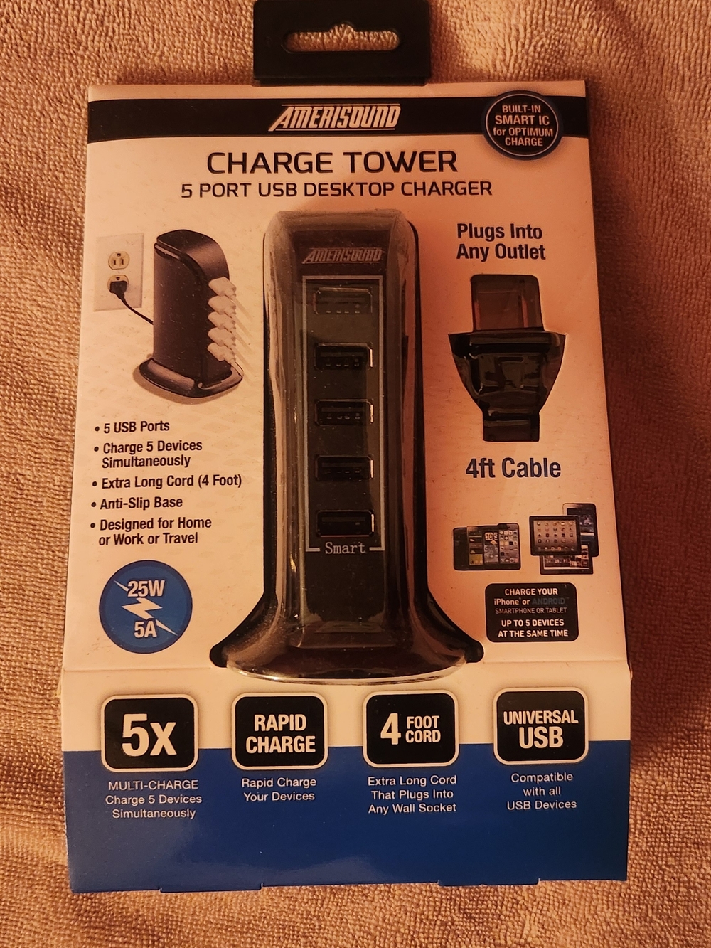 Charge Tower 5-Port USB Desktop Charger — Black